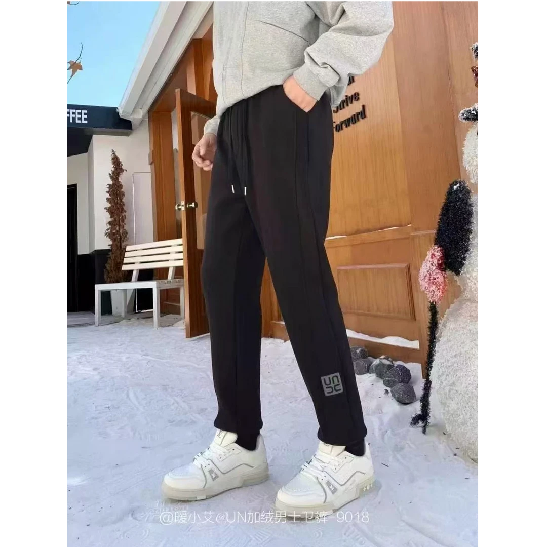 9018 秋冬加绒卫裤运动休闲简约纯色束脚裤抽绳保暖裤男