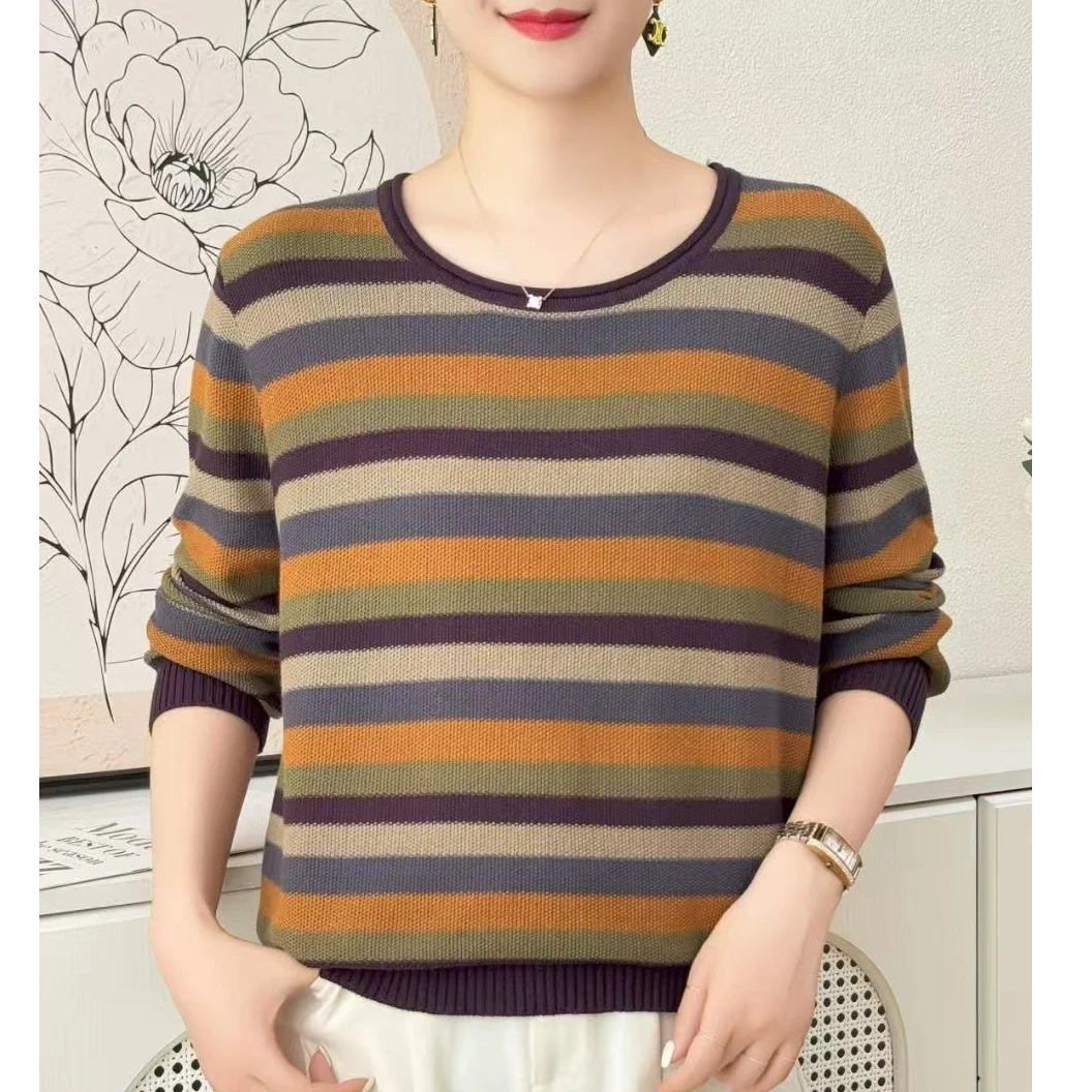 彩色条纹慵懒长袖针织衫女秋季新款韩版拼色套头宽松圆领打底毛衣