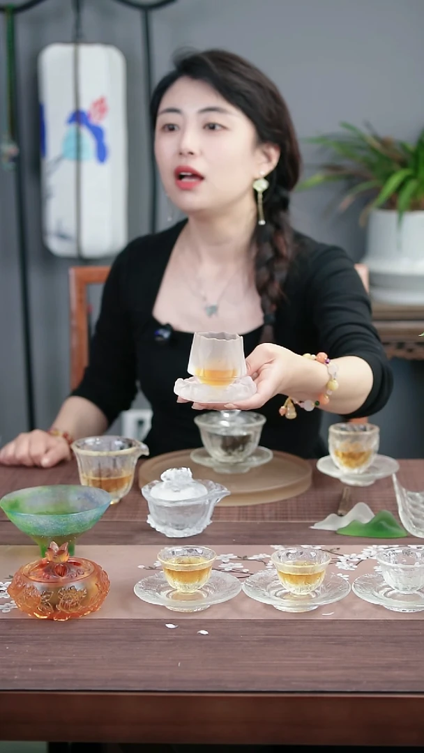 茶盏古法琉璃磨砂异形杯垫和小高足茶盏套装