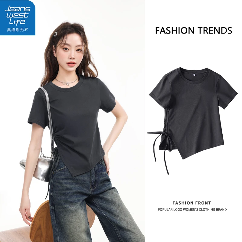 真维斯无界2025新款不规则抽绳短款T恤短袖设计感百搭显瘦修身款