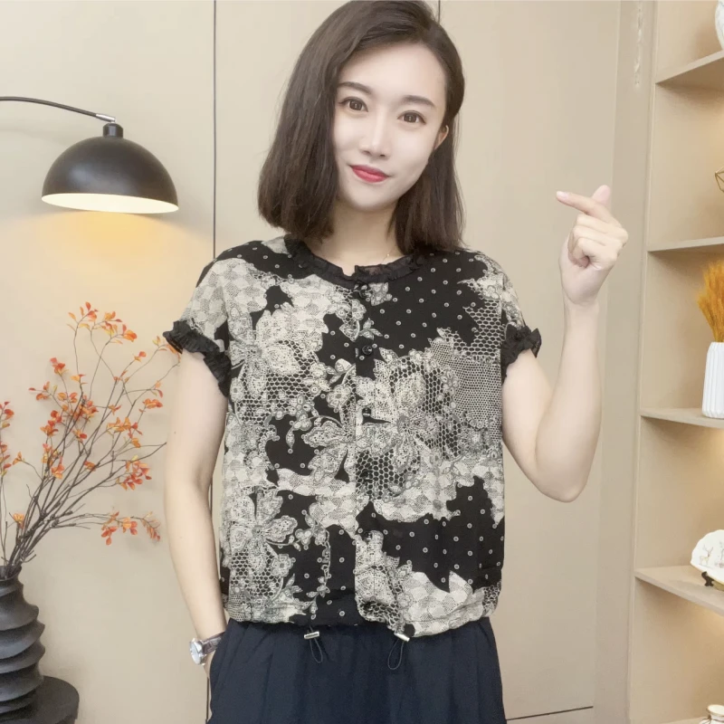 夏季新款薄款爆款正品宽松凉爽袖口包边时尚背后系绳短袖上衣