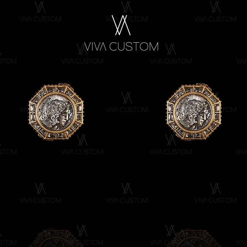 铜合金合成锆石耳饰 （精工系列）法式复古浮雕古币耳拍