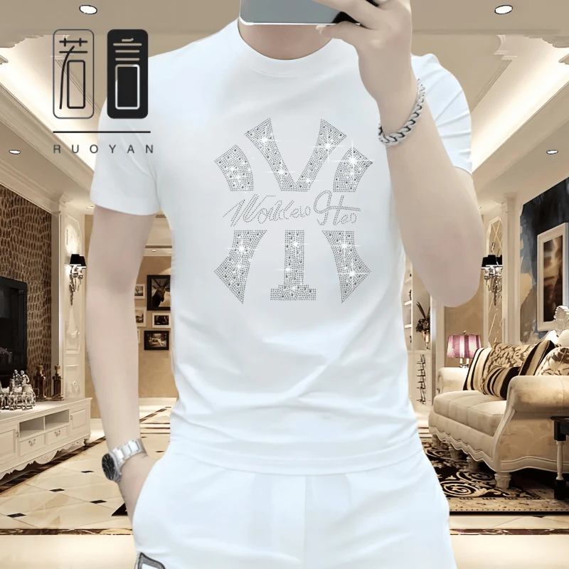 夏季帅气休闲男士修身冰丝T恤圆领时尚百搭潮流轻奢短袖烫钻上衣