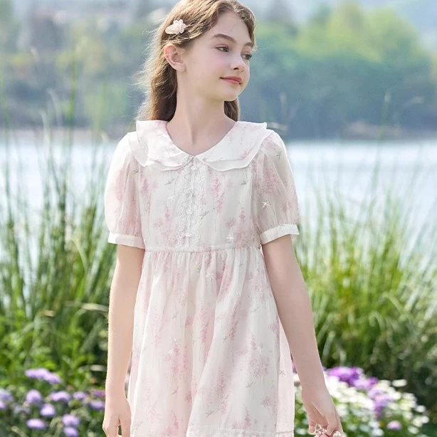 2025碎花夏季少女风女连衣裙童装公主裙中大童蕾丝裙子女孩1084