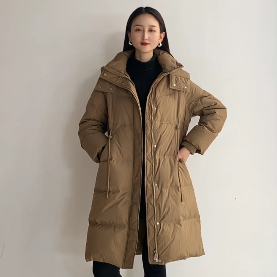 A306冬季时尚压花连帽立领洋气保暖收腰显瘦中长款羽绒服