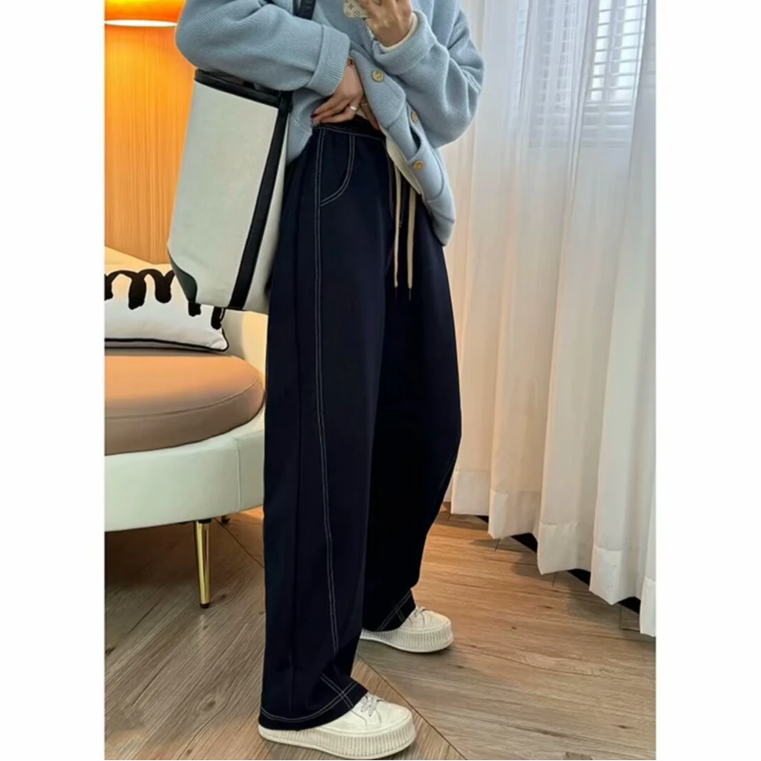 大码春季高腰松紧明线弯刀牛仔裤窄版阔腿裤118