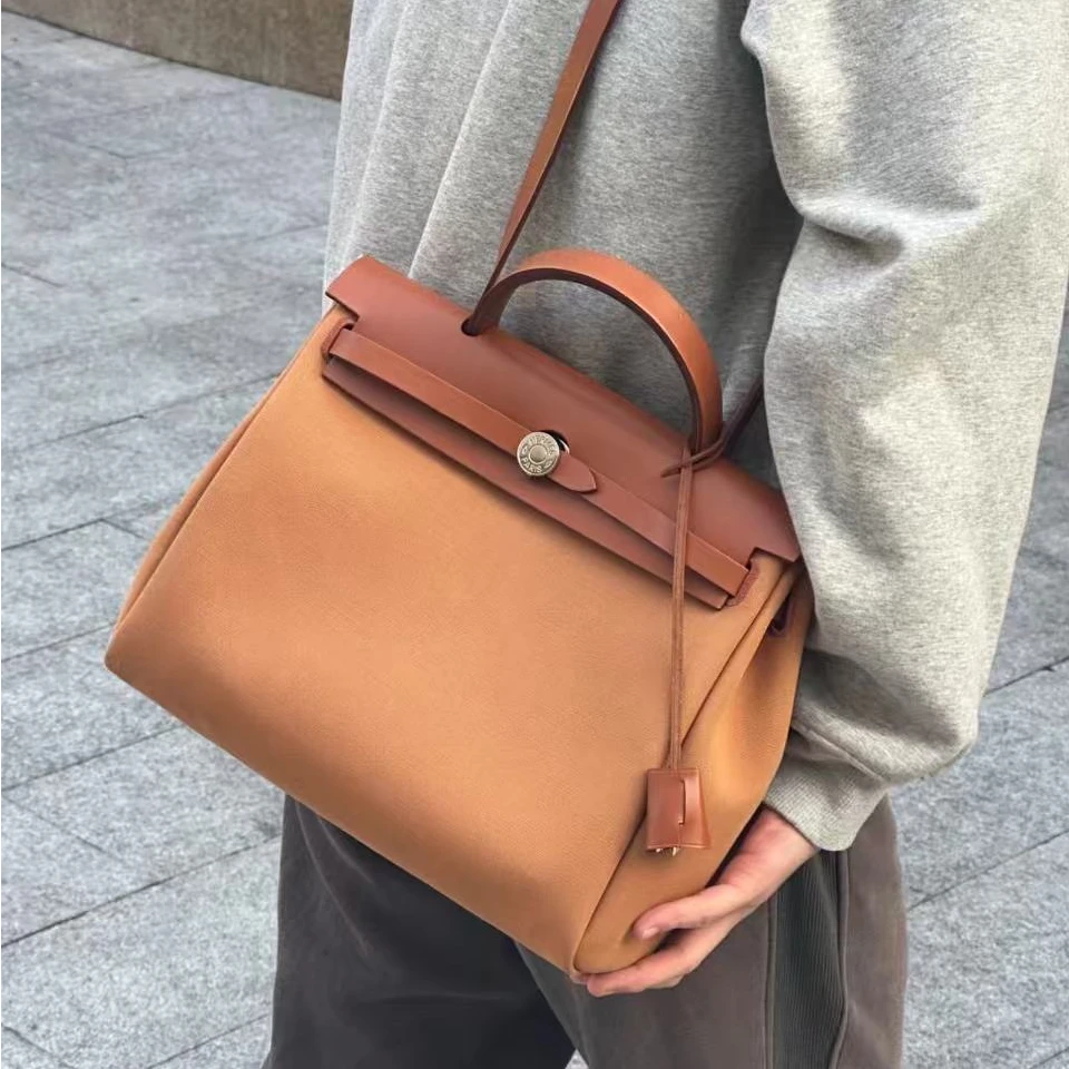 99新 Hermes/爱马仕 花花Herbag31 Z刻 沙丘黄拼木兰粉拼浅黄褐色
