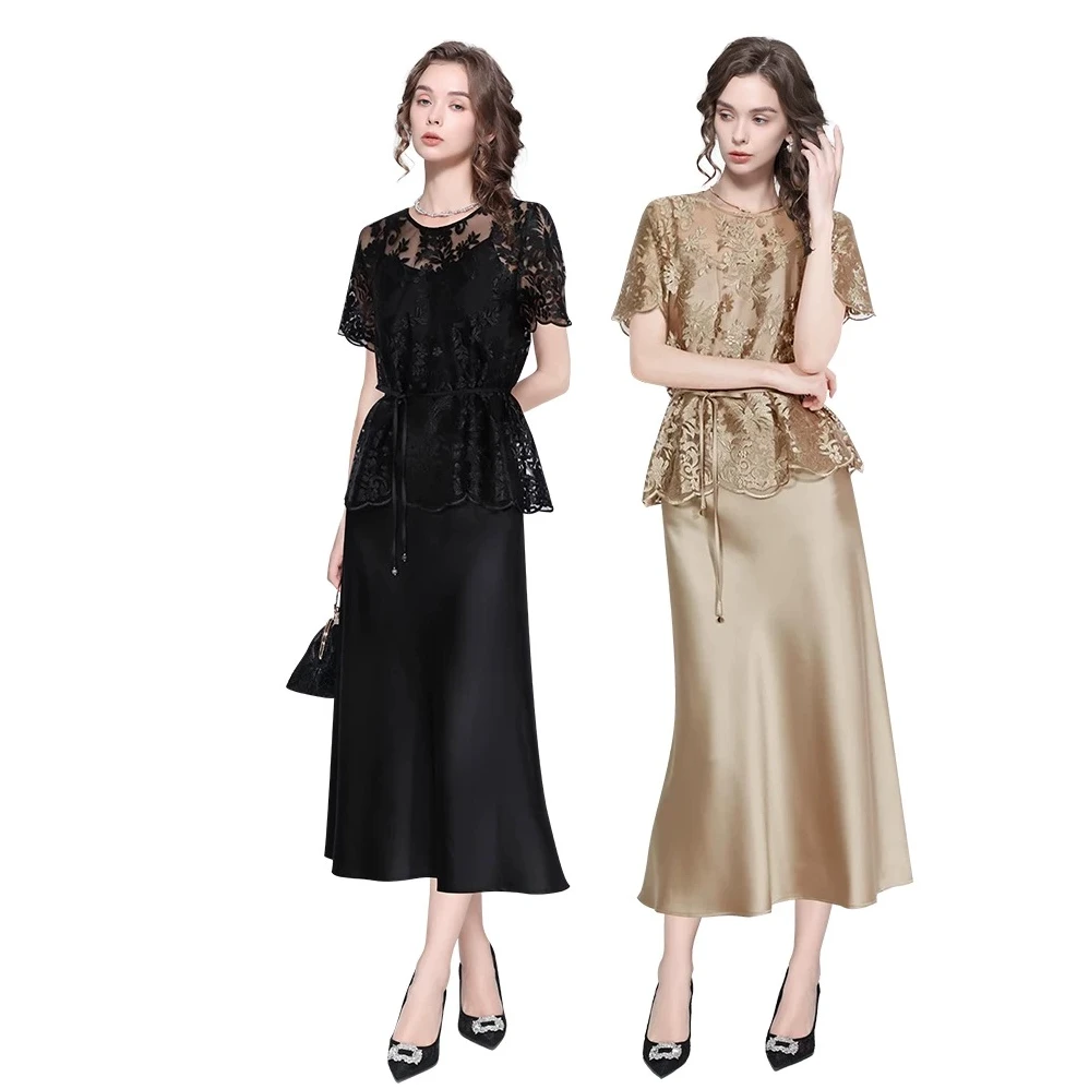 A72时尚套装法式显瘦系带裙套装短袖时尚中长款气质套装修身优雅