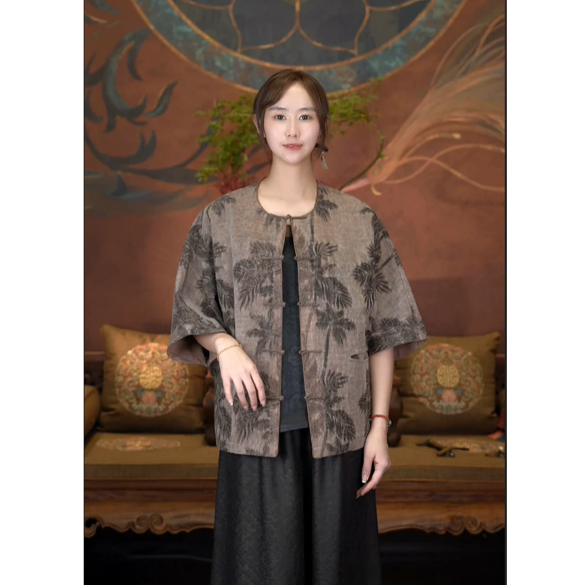 爱上莲心香云纱夏日风情圆领对襟盘扣上衣 新中式老钱风复古