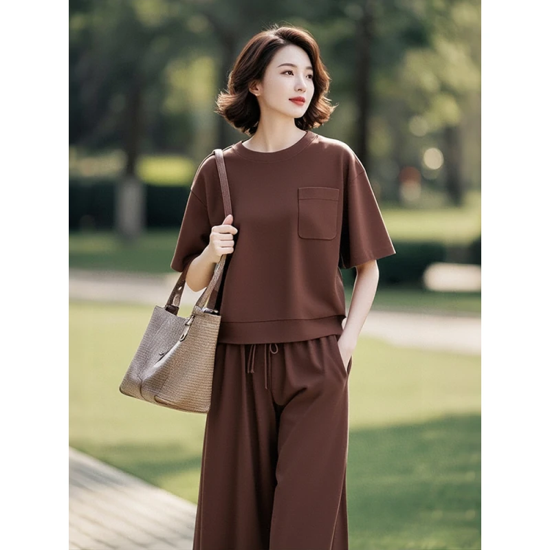 2025年新款夏季短袖显白休闲高级感咖色舒适运动套装时尚宽松舒适