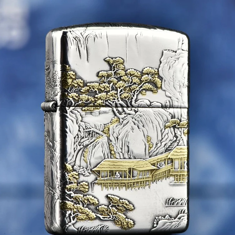 Zippo打火机正版YH盔甲镀银鎏金浮雕山水画 个性创意防风DYJ1