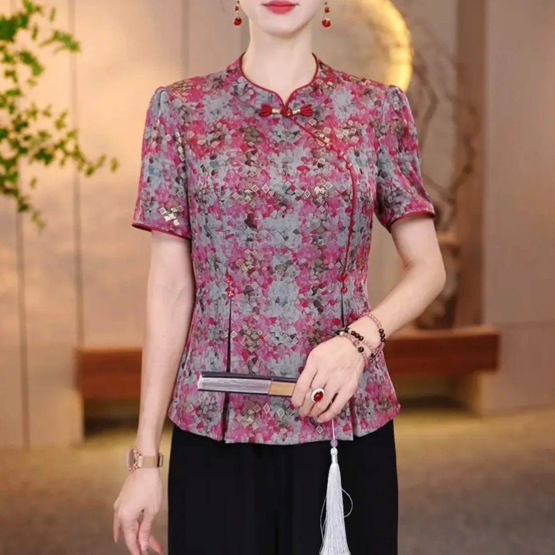 （现货现发）新中式两件套中年妈妈改良旗袍上衣+裤子（天）ZRF-25685