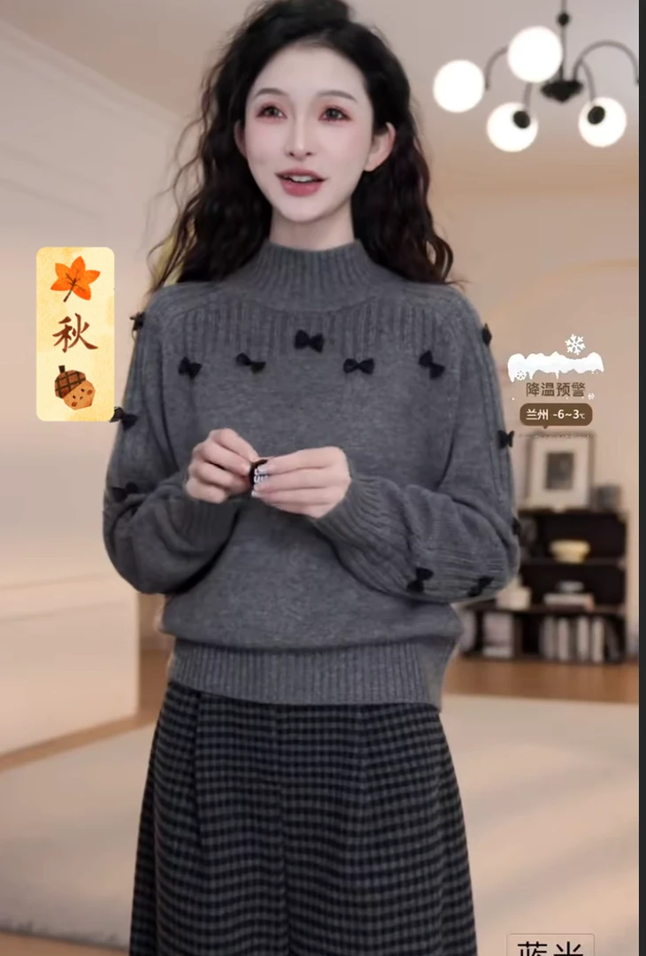 纯色设计感半高领蝴蝶结毛衣2025韩系女时尚慵懒风长袖针织衫