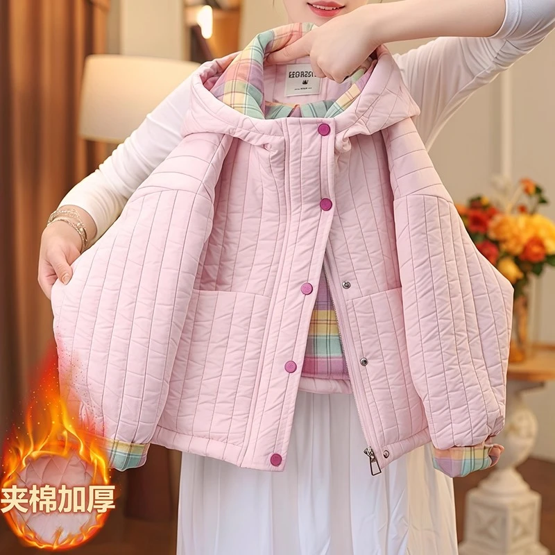 女童格子夹棉绗棉外套2025新款秋冬二棉加厚连帽加棉保暖棉服棉衣