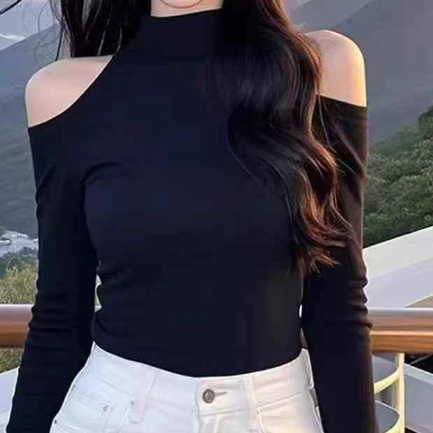 美式复古气质半高领磨毛薄绒打底衫女秋冬修身设计感露肩辣妹上衣