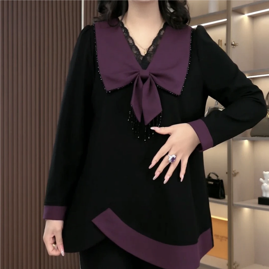 丹思慕大码女装冬季新款蝴蝶结领口设计显瘦收腰上衣