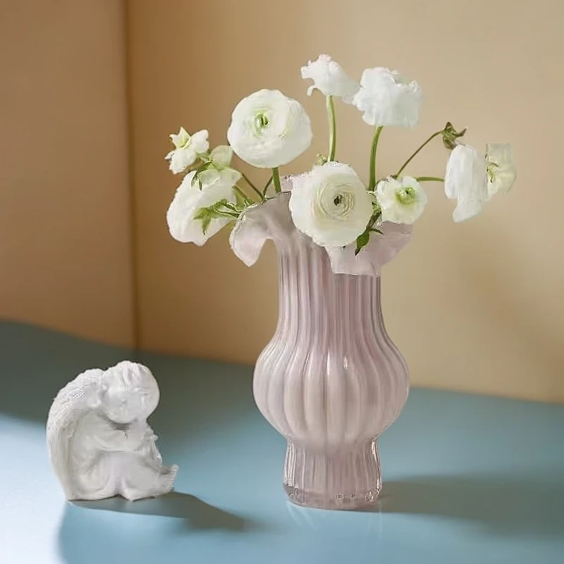 高级感中古百褶裙艺术玻璃花瓶复古摆件客厅透明插花餐桌