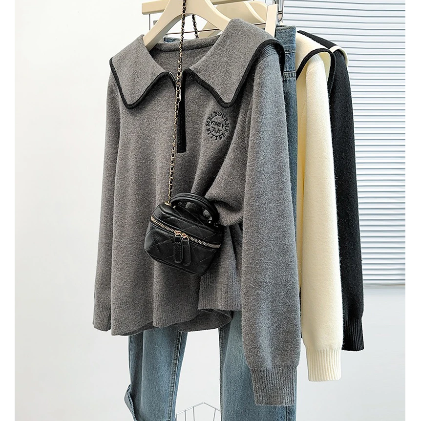 撞色娃娃领半开拉链刺绣提花套头针织衫秋冬新款学院风减龄毛衣女