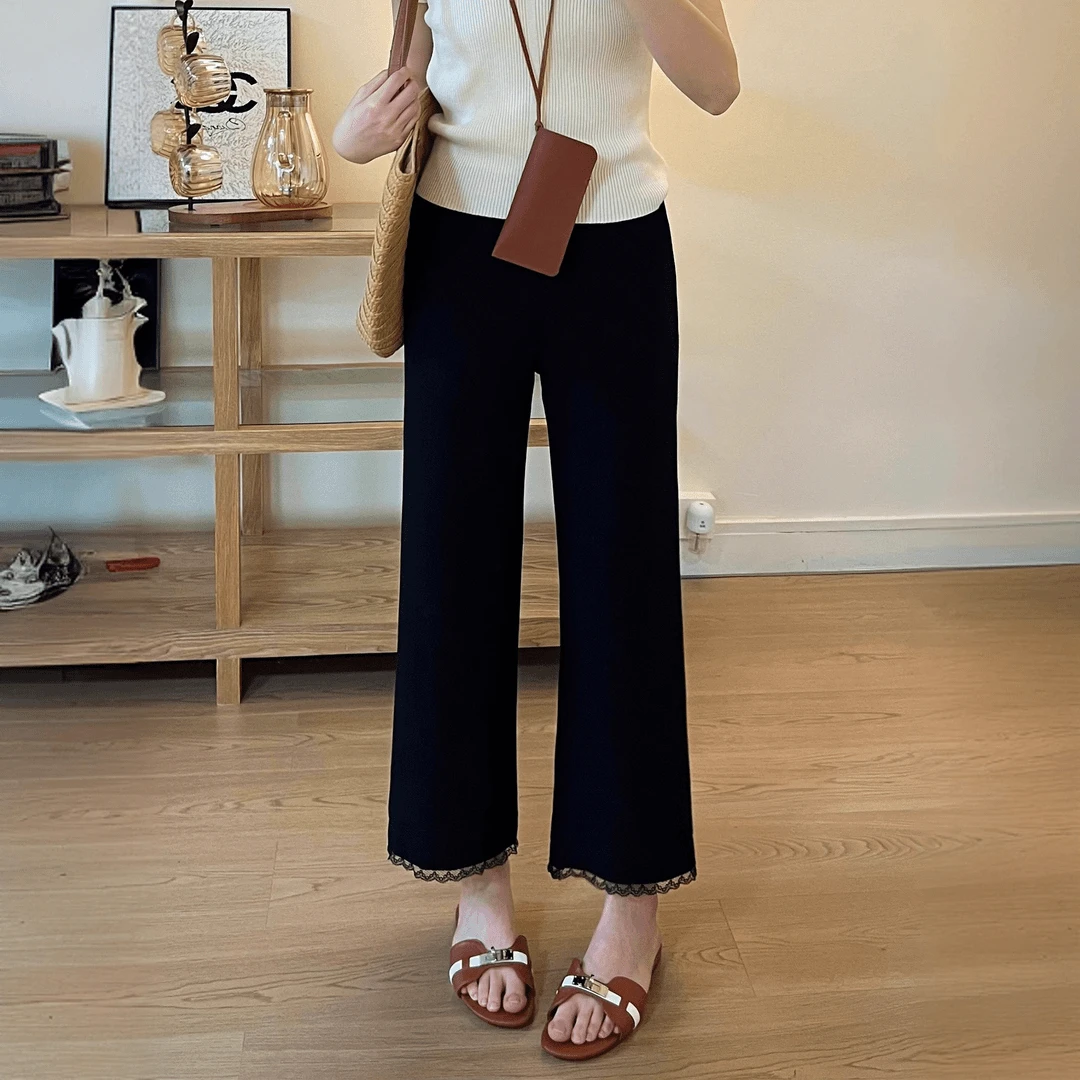 早秋新款休闲裤女高腰弹力宽松大码胖mm腿粗遮肉显瘦蕾丝边直筒裤