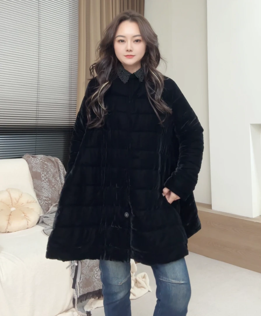 museguhui/木色古汇60087#丝绒棉服气质长袖黑色中长款冬季时尚