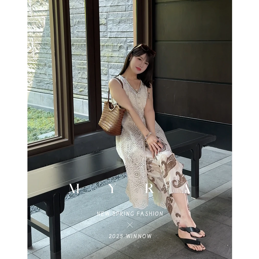 MYRA“悦己”长款镂空织花无袖罩衫连衣裙XM02561