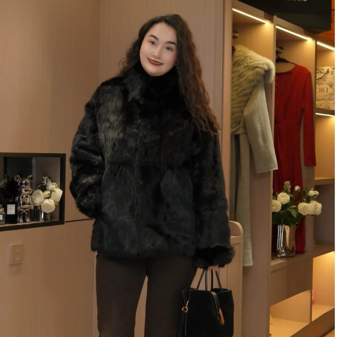 韩系新款设计感显瘦百搭高级感立领兔毛保暖外套