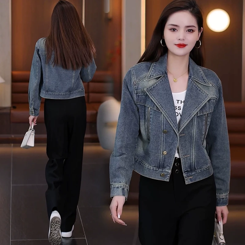 小个子洋气牛仔短外套女春2025年春秋季新款时尚西服领牛仔夹克潮