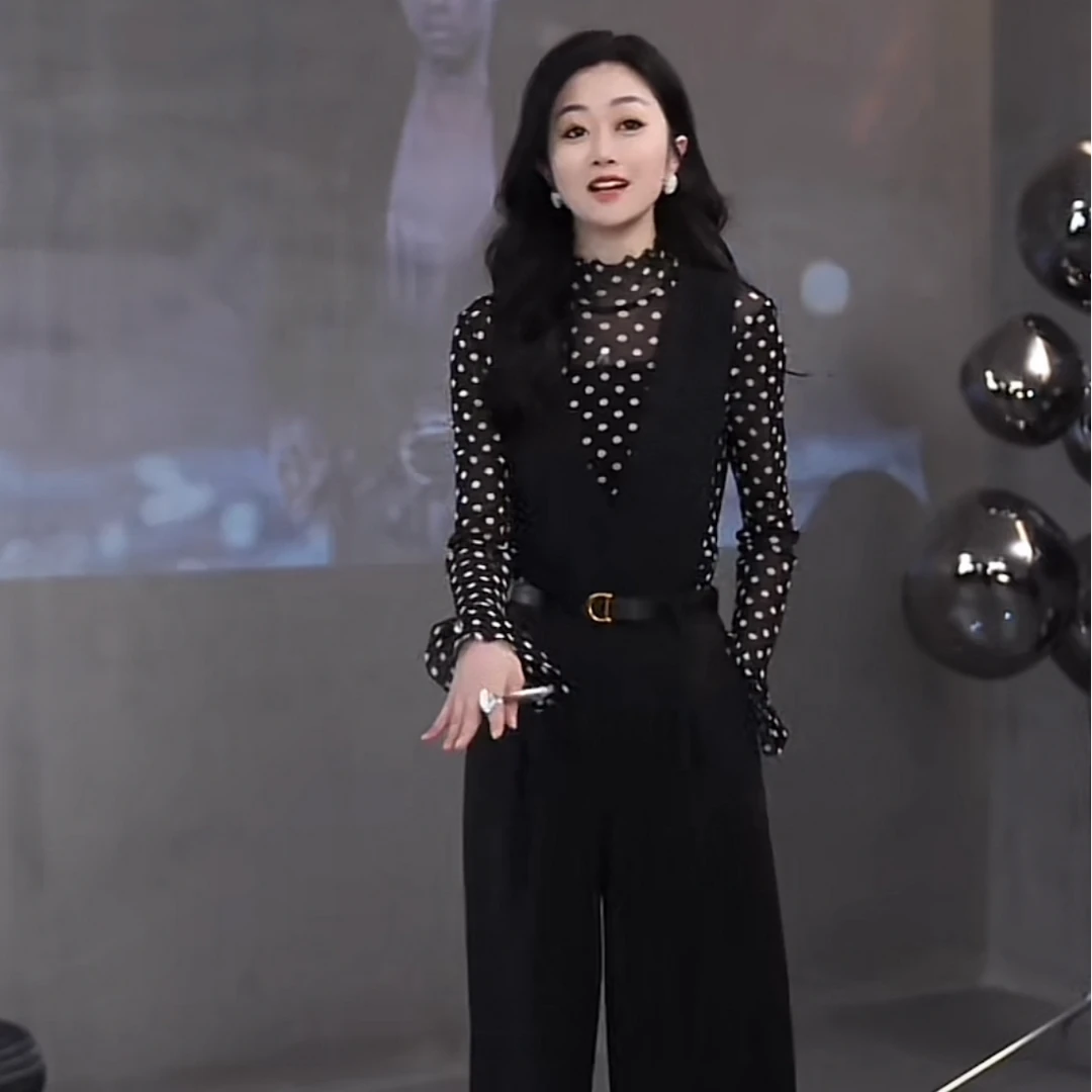 流动波点2025春夏镂空设计感波点时尚百搭T恤女网红网纱黑色