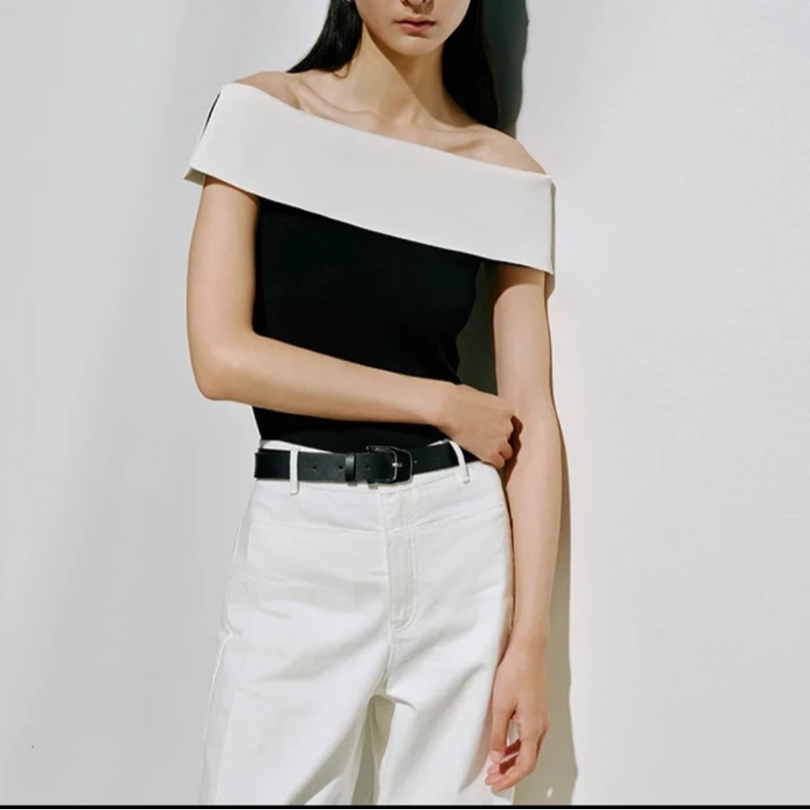 艾家商场同款设计师款简约拼接一字领轻奢毛针织衫8104