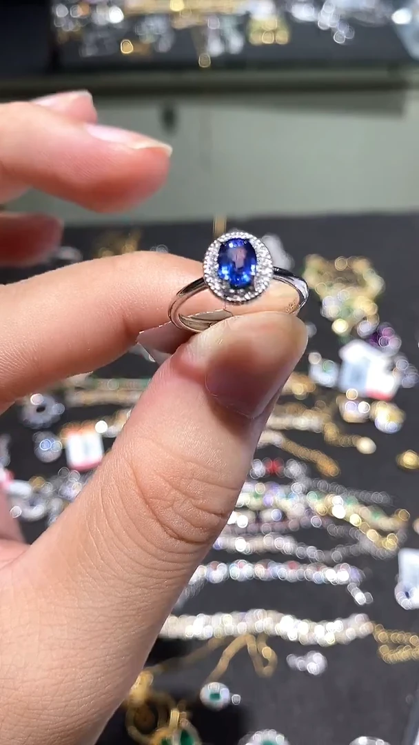 蓝宝石戒指银S925镀金镶嵌戒指