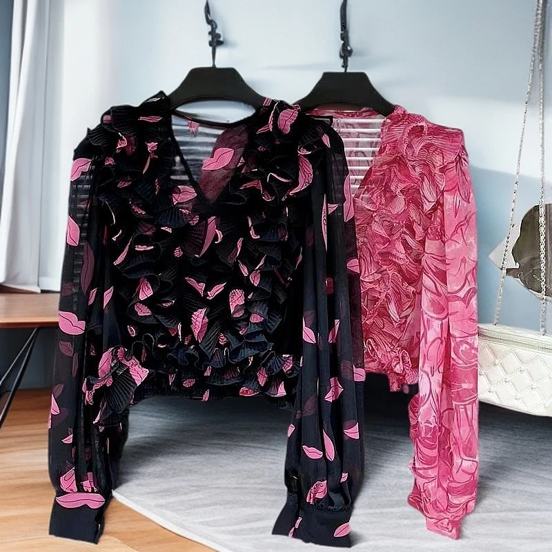 欧货木耳边V领印花衬衫女春夏新款时尚显瘦小衫别致雪纺气质上衣