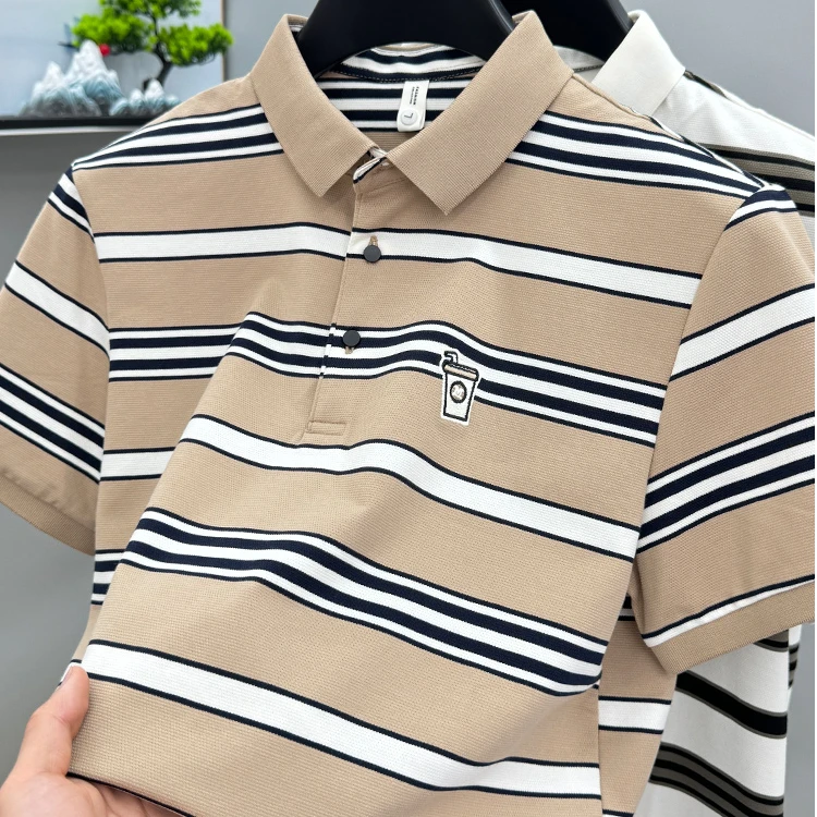John Bunni韩版条纹短袖T恤男士夏季新款刺绣商务休闲百搭POLO衫