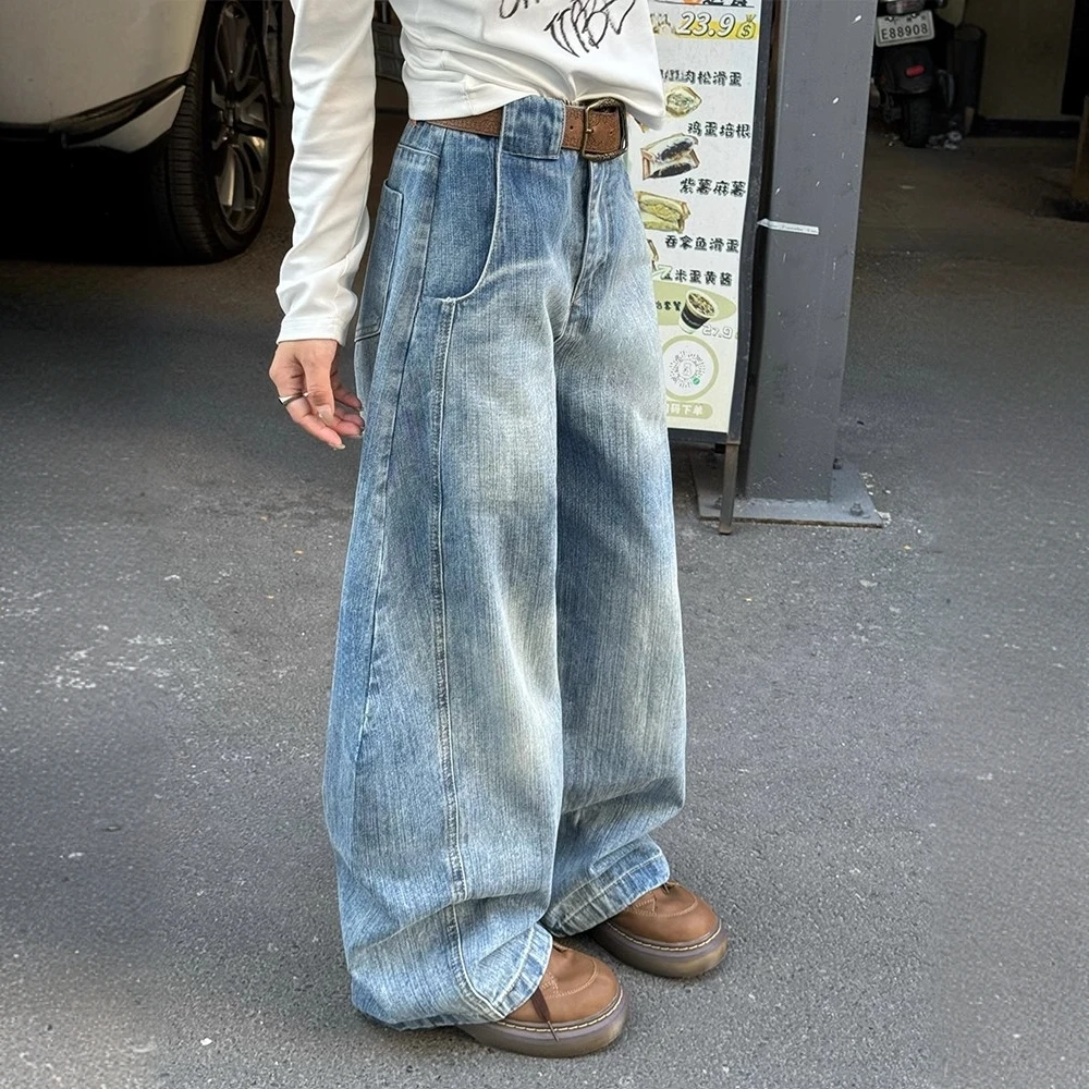 美式工装裤宽松弯刀牛仔裤女小众高级复古水洗阔腿新款休闲长裤子