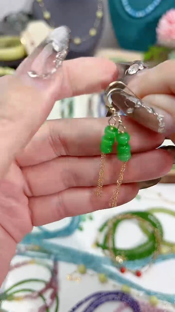 【闪购商品】翡翠耳饰14K金镶嵌三颗流苏59