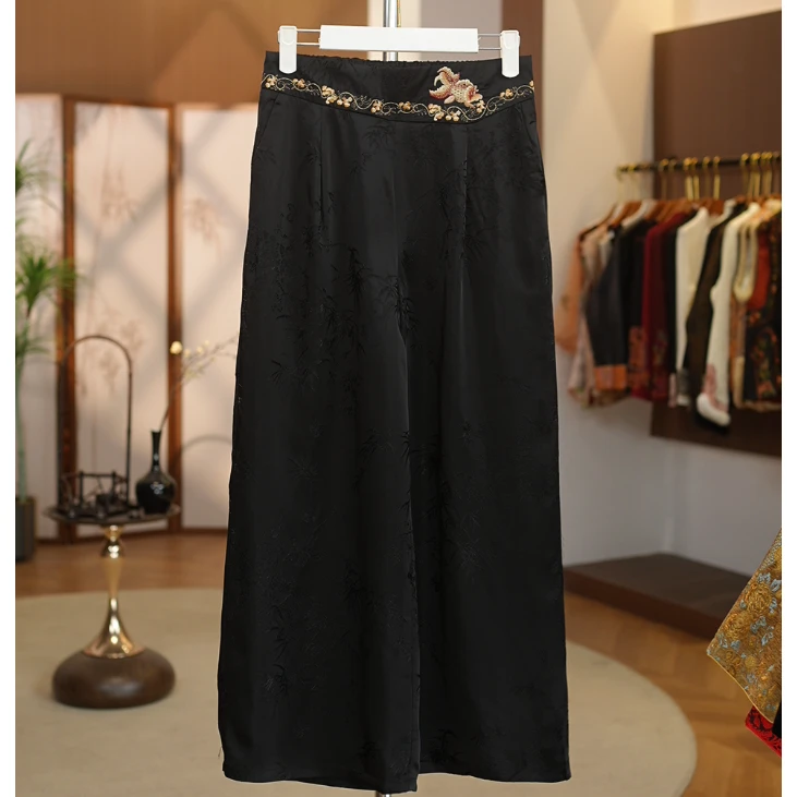 【绣鱼】复古新中式中国风刺绣阔腿裤提花绣鱼休闲裤