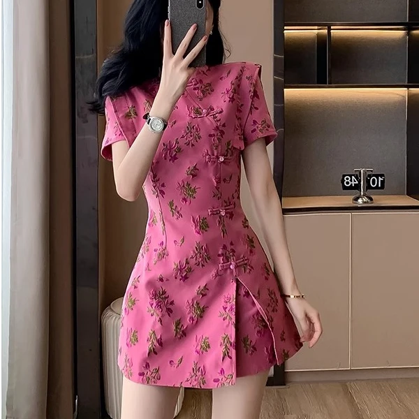 旗袍刺绣短款碎花日常小个子少女无开衩中长款新中式泡泡袖