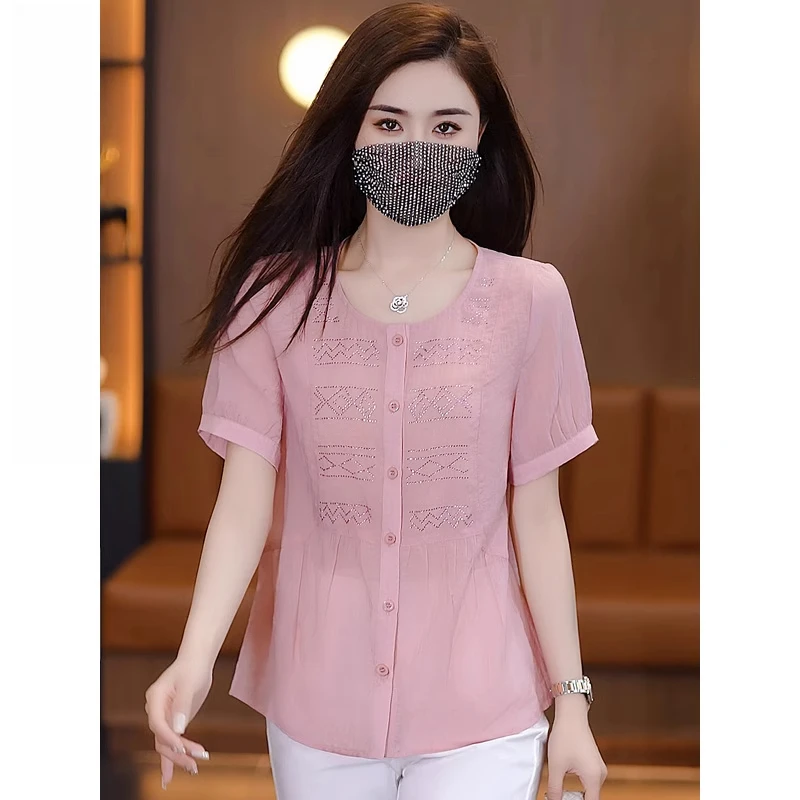 时尚单排扣圆领短袖雪纺衬衫女2025夏新款宽松减龄妈妈装半袖上衣