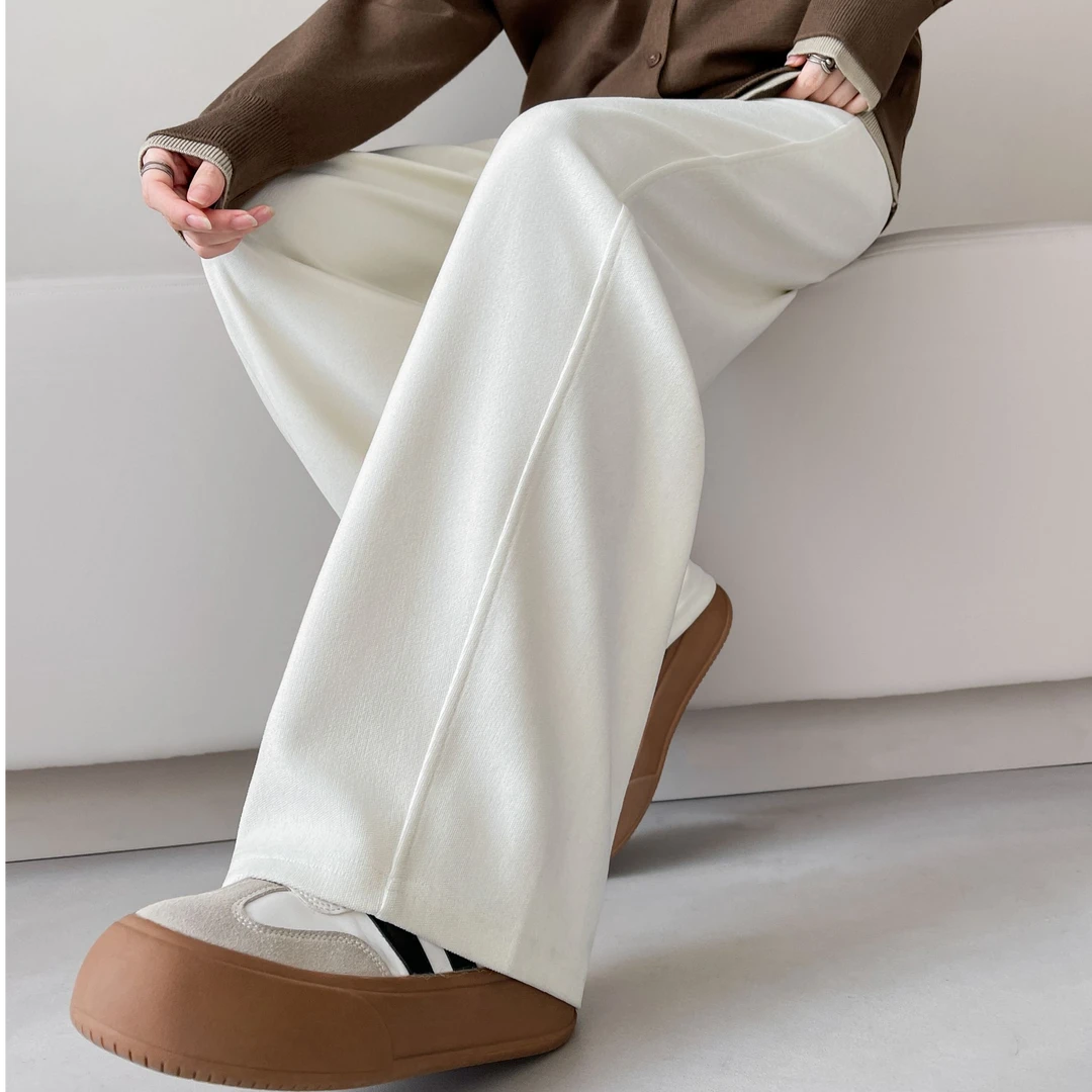 蚕丝羊毛阔腿裤女秋冬加绒加厚小个子窄版直筒裤子休闲铆钉糯米裤