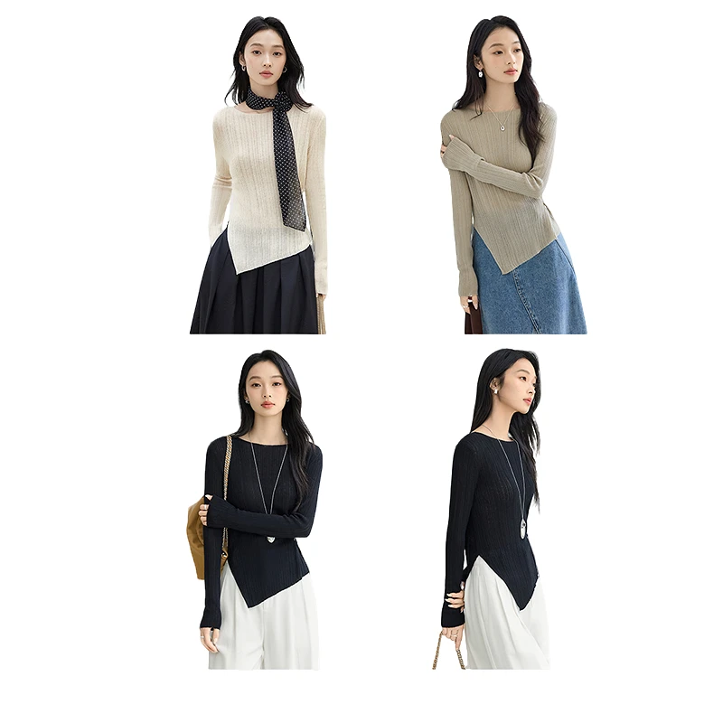 对白绵羊毛混纺不对称圆领针织衫收腰显瘦上衣DYZB-FDE090