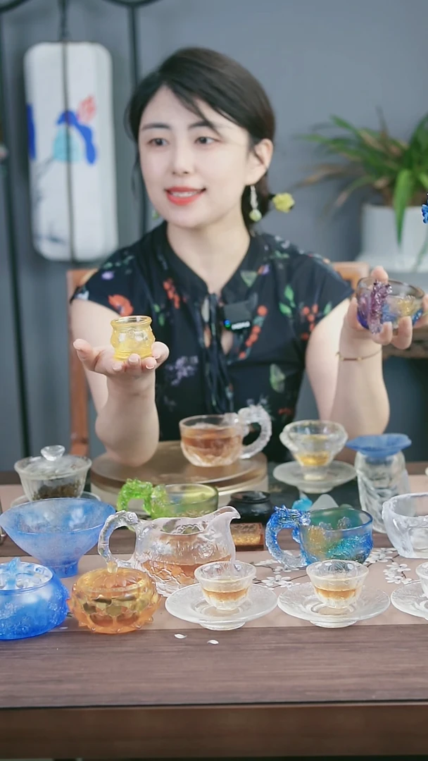 茶盏古法琉璃黄色鼓形镂空盖置