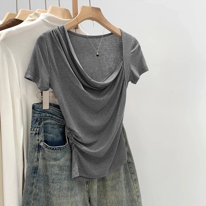 灰色修身正肩短袖上衣女夏季新款设计感显瘦简约气质百搭时尚T恤
