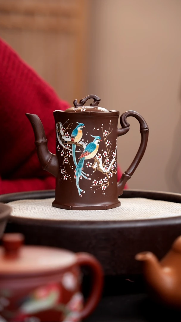 【闪购商品】紫砂茶壶紫泥高竹节壶泥绘双鸟