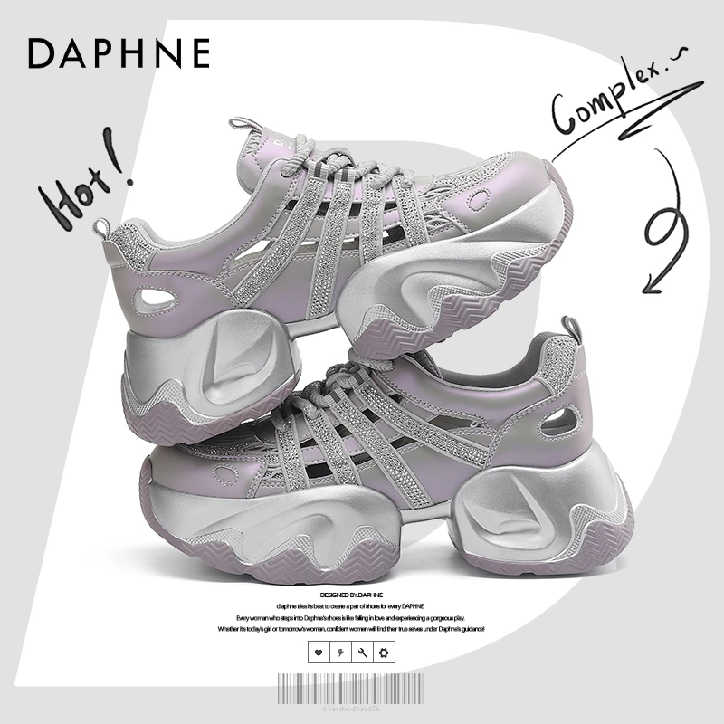 达芙妮网红爆款镂空透气老爹鞋2025夏季水钻厚底运动鞋增高休闲鞋
