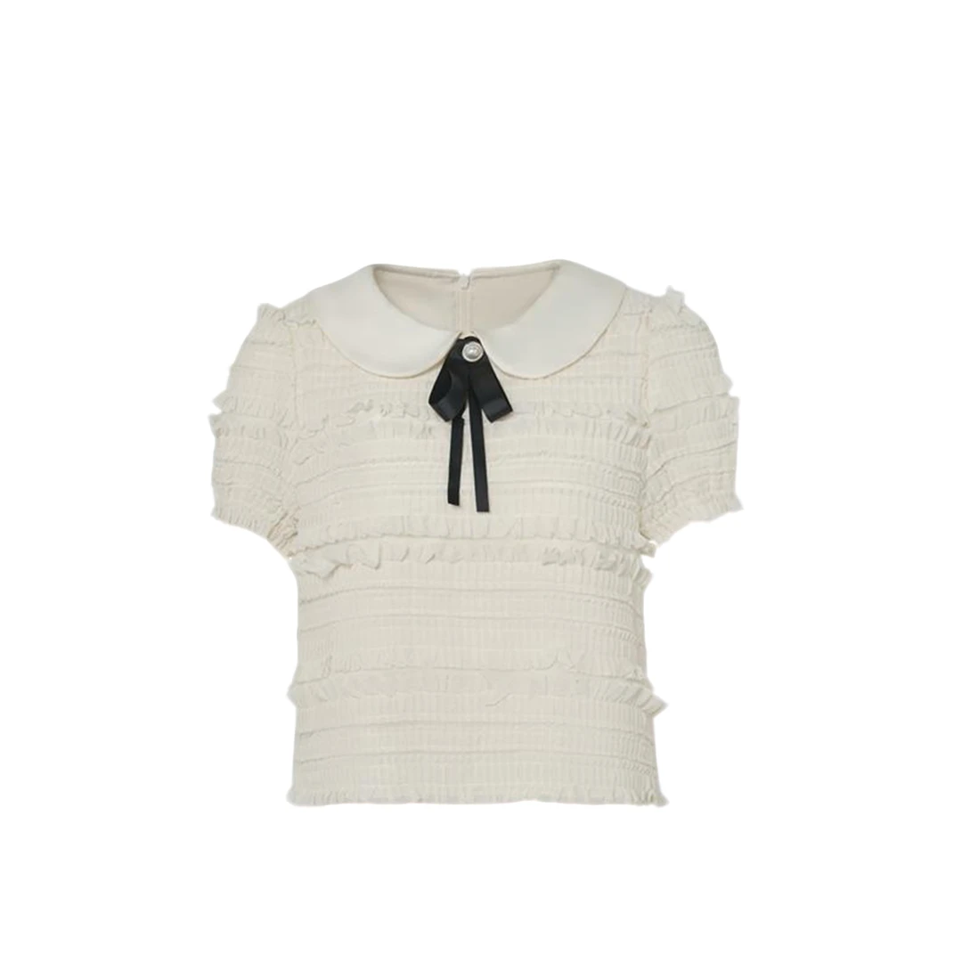 周楚楚同款女装甜美风蝴蝶结系带短袖T恤女夏季别致独特减龄上衣