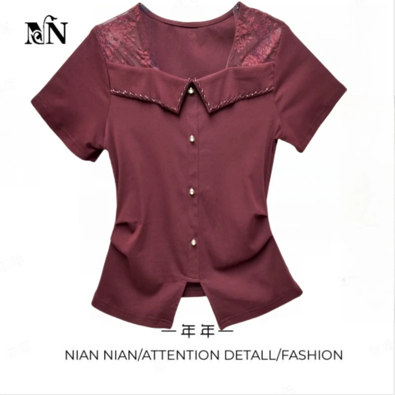 〖彼岸开花〗年年2025春季新款蕾丝拼接镂空T恤洋气韩版气质上衣