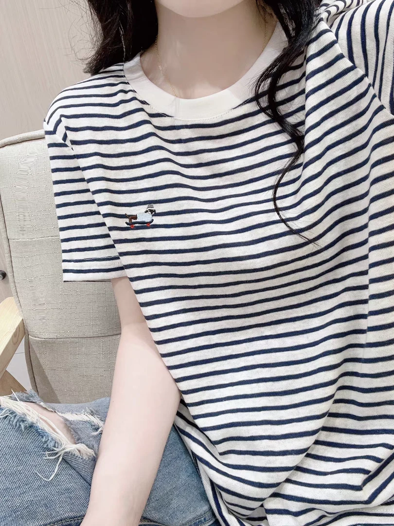 条纹薄款雪花棉短袖t恤女夏宽松减龄慵懒风简约韩系圆领刺绣上衣