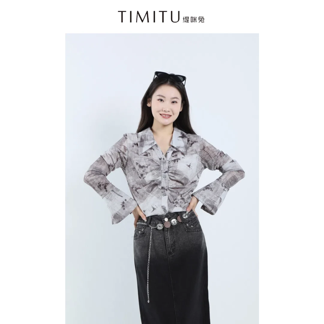 TIMITU缇咪兔设计感印花收腰喇叭袖网纱衬衣34322008