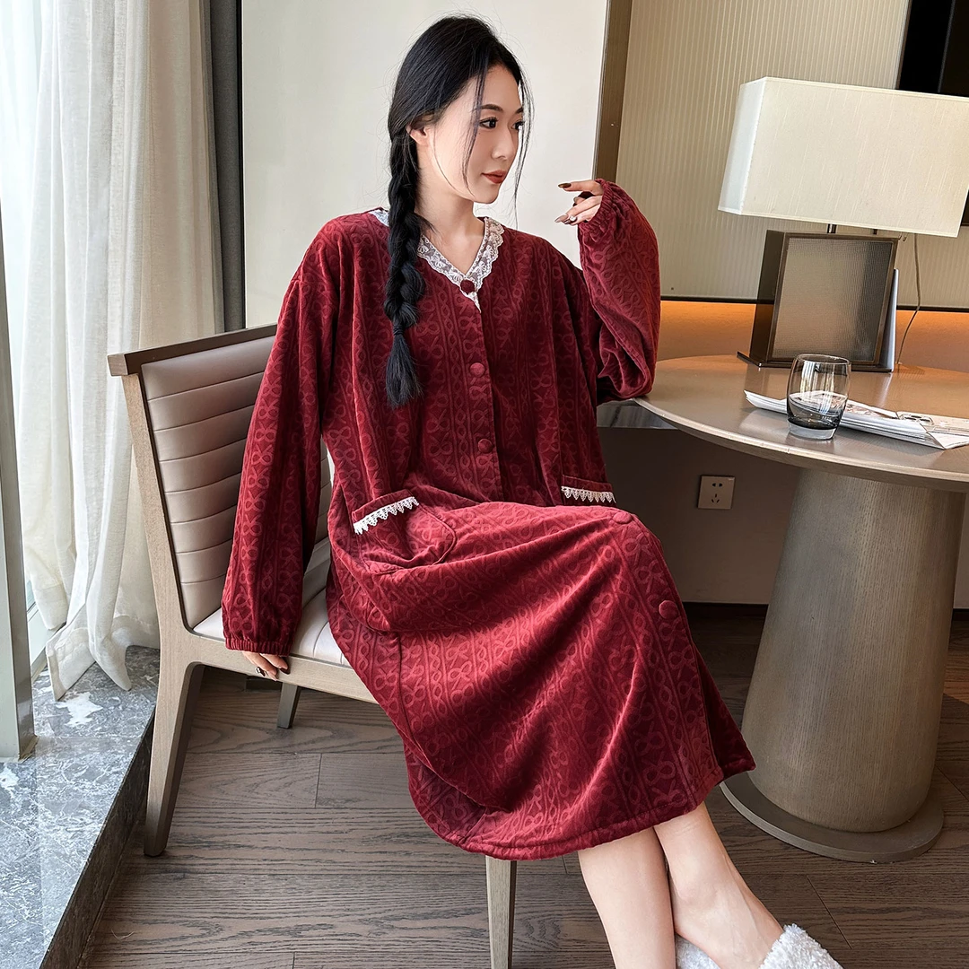 珊瑚绒睡裙女大码胖mm秋冬红色本命年结婚睡衣裙孕妇待产裙200斤