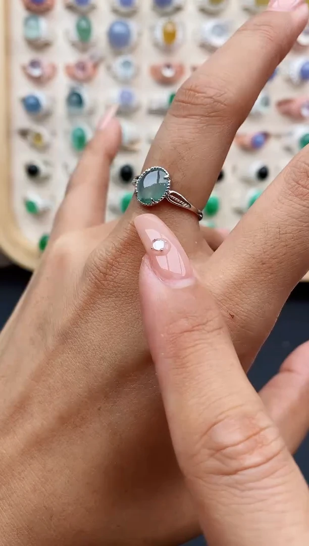 翡翠戒指银S925镶嵌缅甸天然A货翡翠222   7-8