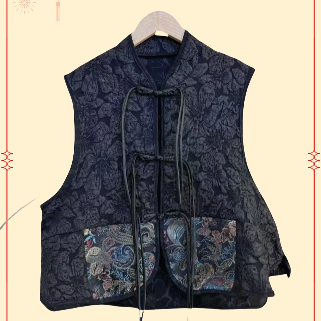 101高档气质复古时尚盘扣马甲洋气宽松显瘦提花马夹坎肩外套上衣